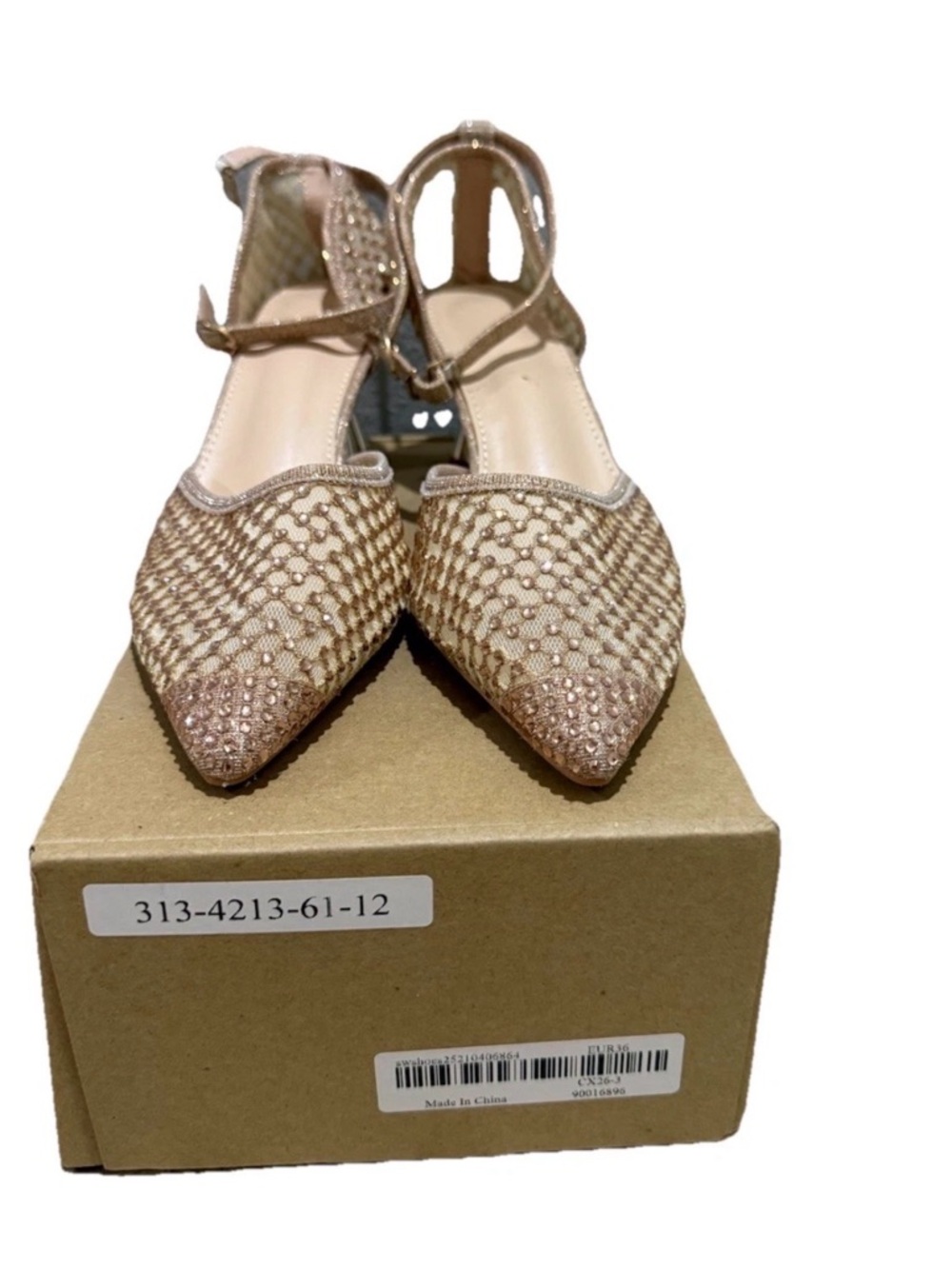 SHEIN Rhinestone Mesh Heels Nude Blush Ankle Strap Size 6